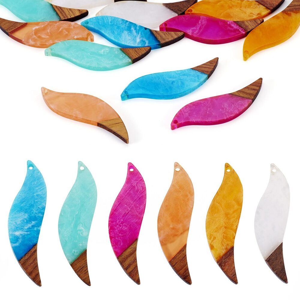 1751 Transparent Resin Walnut Wood Leaf Charms 12Pcs Two Tone Wooden